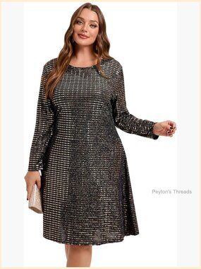 Plus Size Sparkly Glitter Swing Dress Long Sleeve Scoop Neck Midi Formal Dress